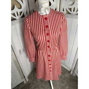 Vintage Red & White Striped Dress Size Button Down 60s 70s SM / XS Mod GoGo